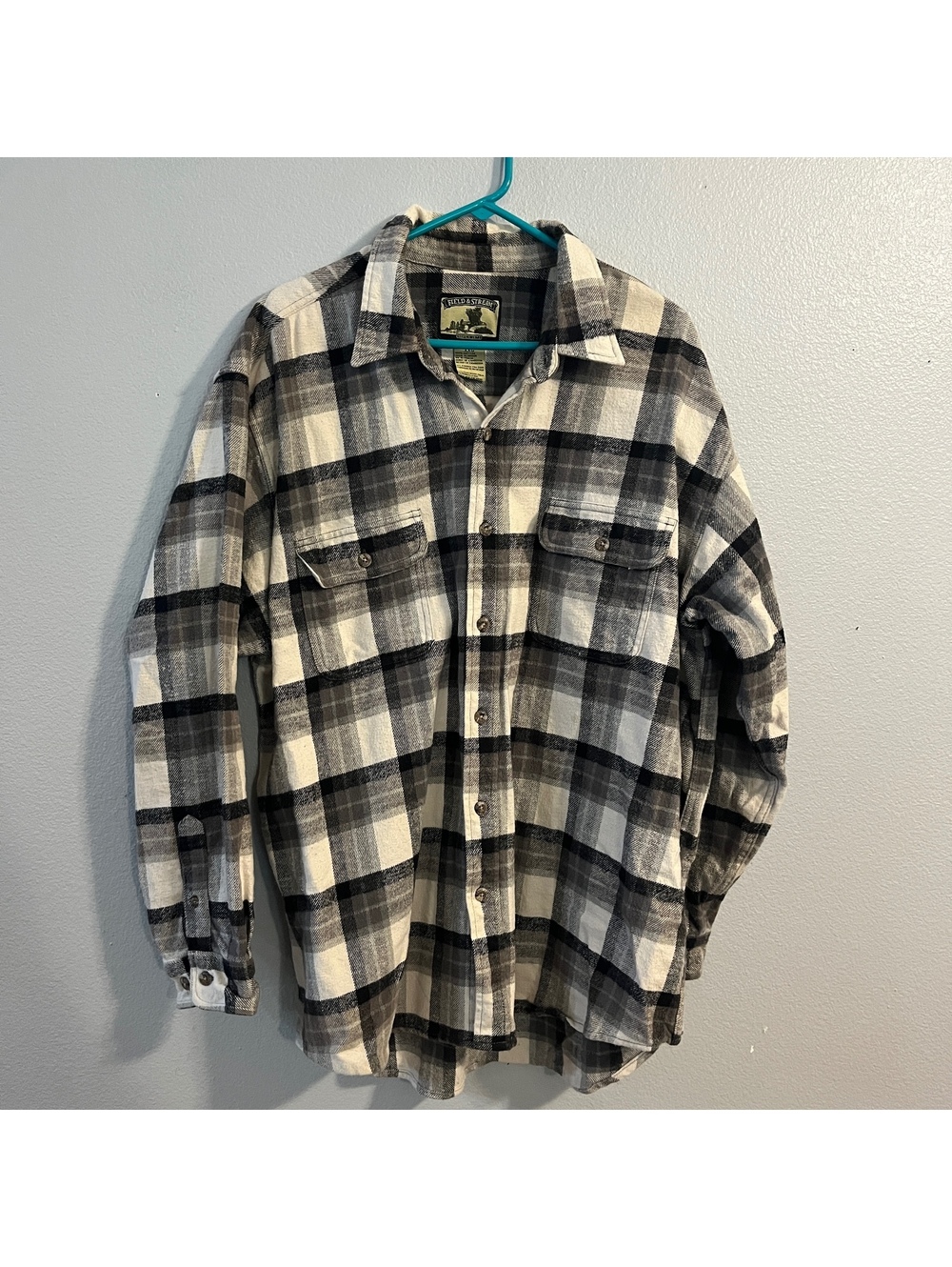 Field & Stream Mens XXL Flannel Shirt Black Gray Plaid 100% Cotton Outdoor